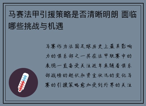 马赛法甲引援策略是否清晰明朗 面临哪些挑战与机遇
